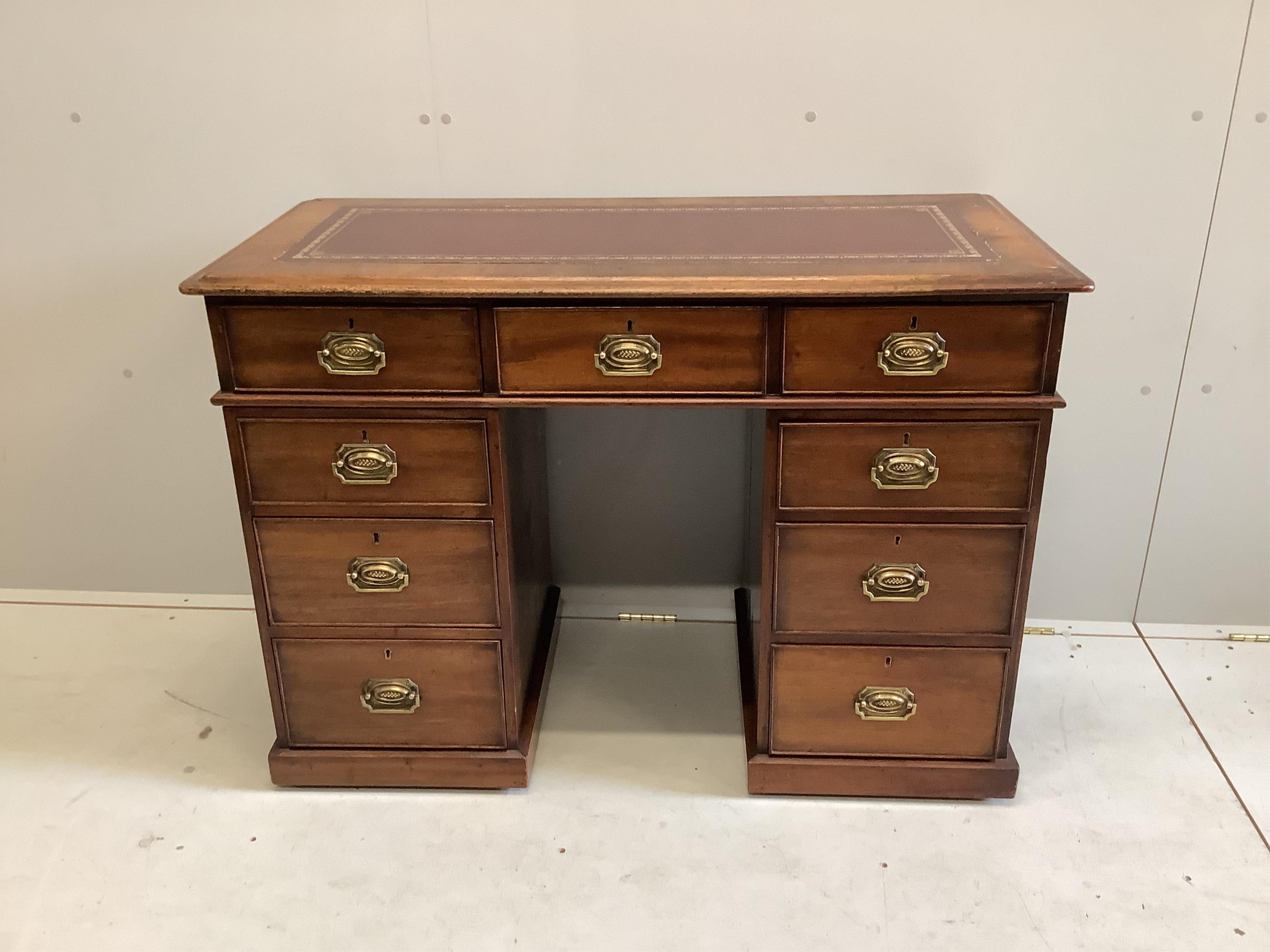 A small Victorian mahogany pedestal desk, width 108cm, depth 51cm, height 77cm. Condition - fair